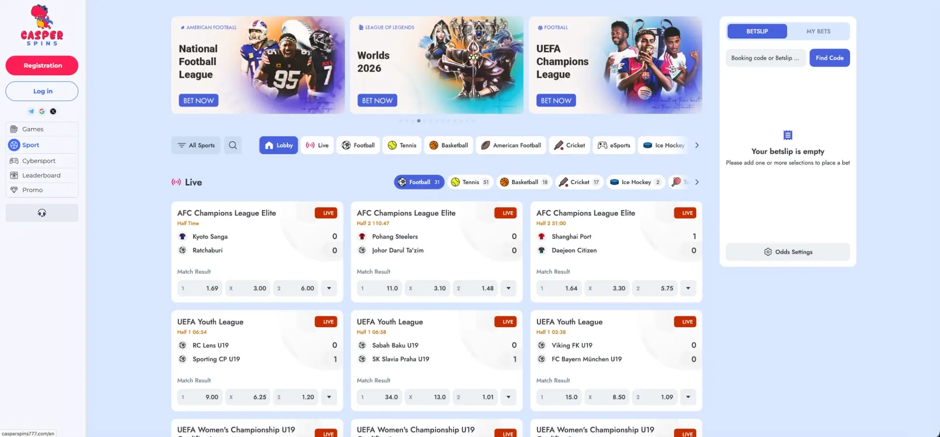 Casper Spins sportsbook and live betting